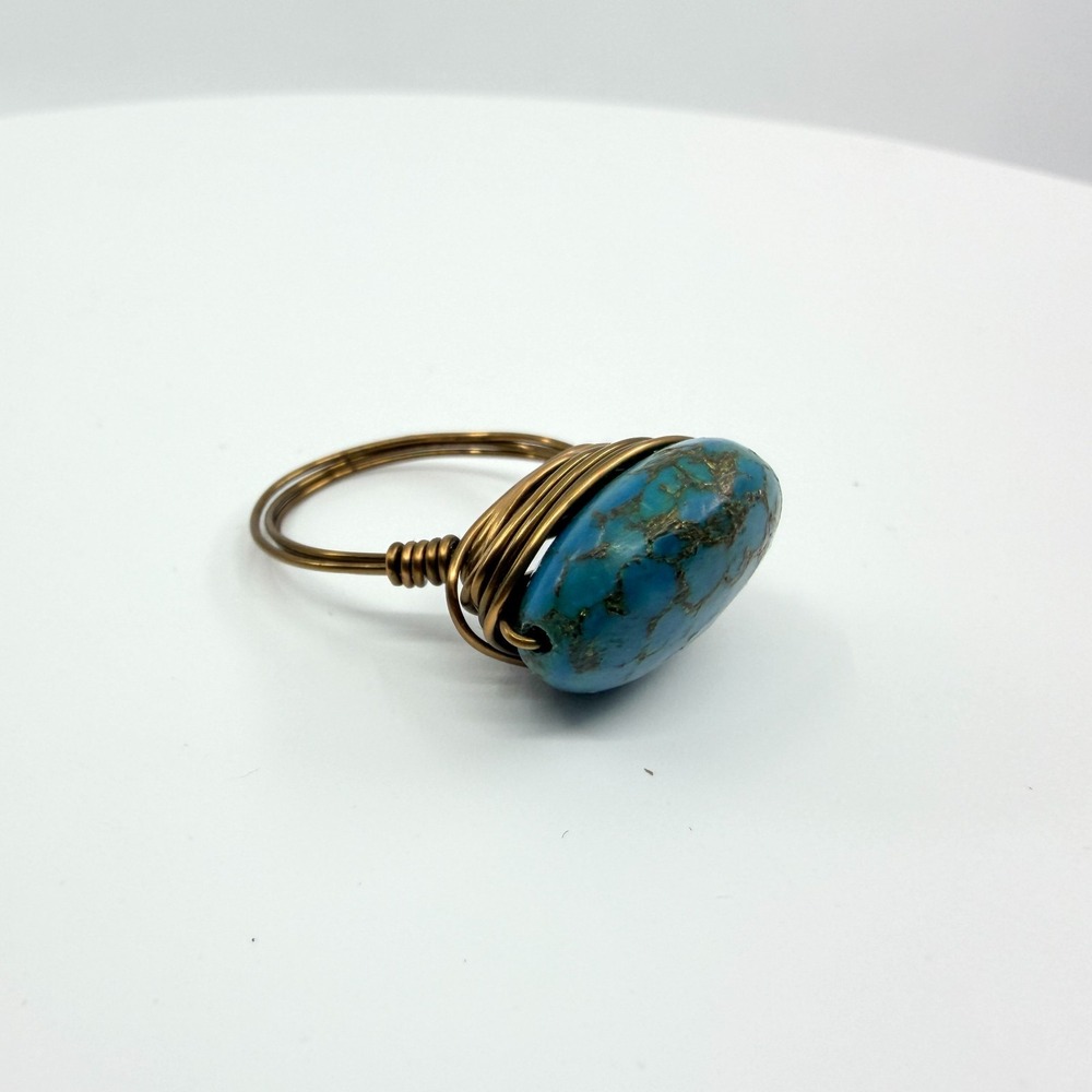 VTG Antique Bronze Wire Wrapped Oval Faux Turquoise Statement Ring
